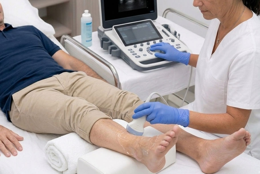 Ecografía de tobillo y pie en Valencia (Clínica Magnasalud). Imagen generada por IA con fines ilustrativos.