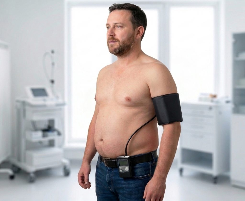 Prueba MAPA 24h - monitorización de tensión arterial en Clínica Magnasalud (Valencia). Imagen generada por IA con fines ilustrativos.